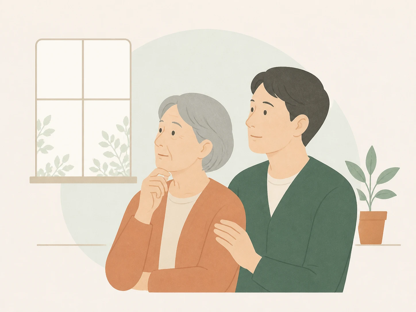 高齢の親と、その子どもが並んで一緒に考えている様子のイメージイラスト